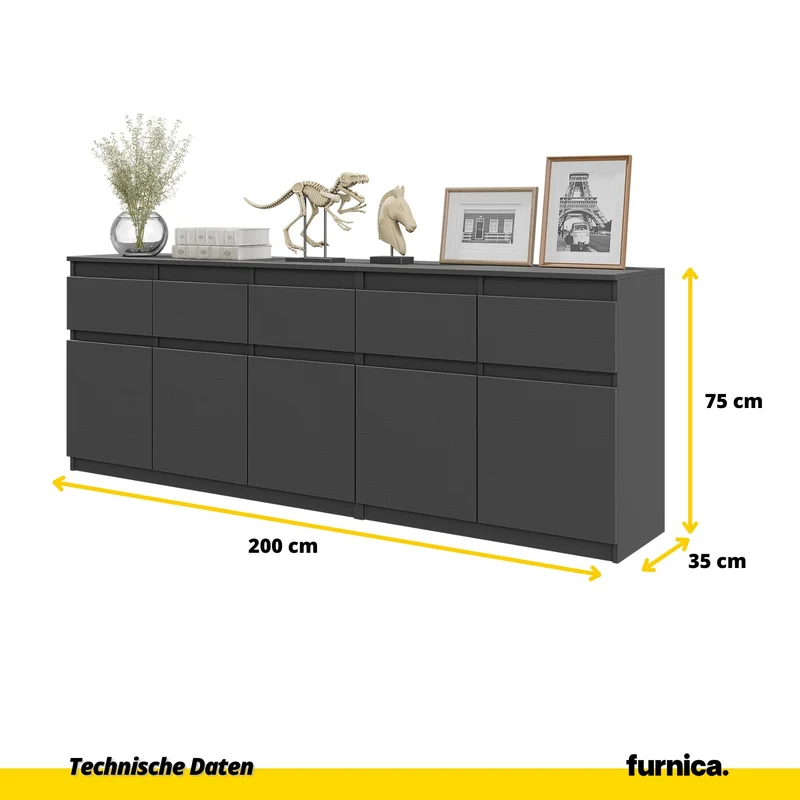 NOAH - Kommode mit 5 Schubladen und 5 Türen - Schlafzimmer Kommode Aufbewahrungsschrank Sideboard - Anthrazit H75cm B200cm T35cm