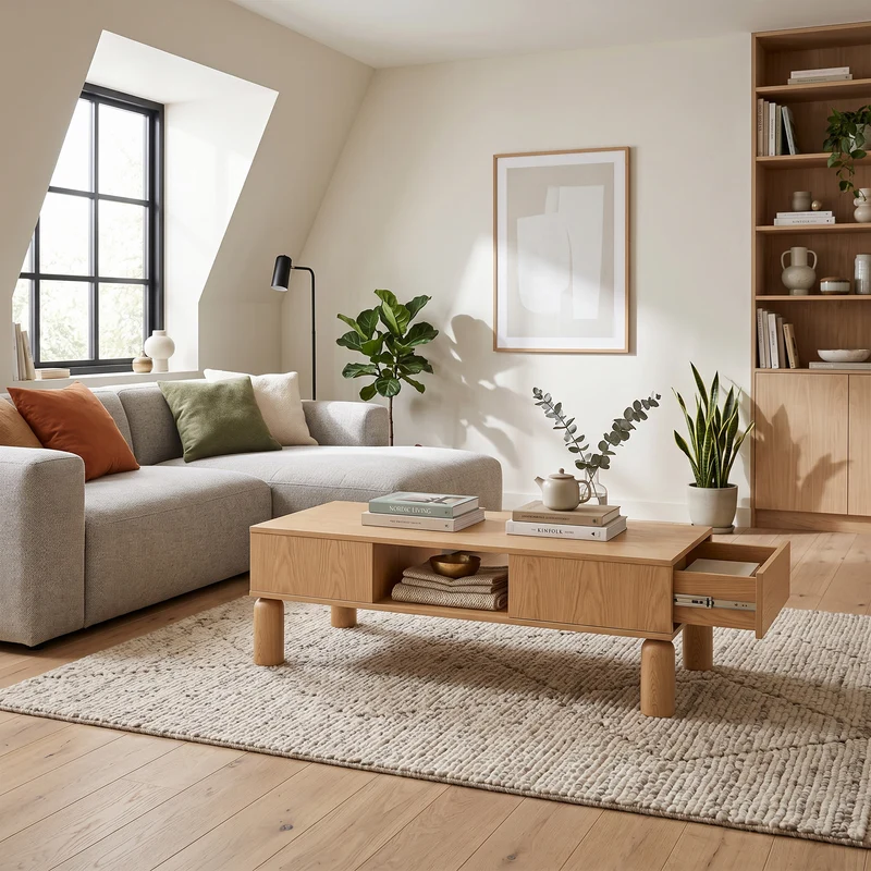 Couchtisch 110x37 mit offenen Fächern im skandinavischen Stil | FJORD