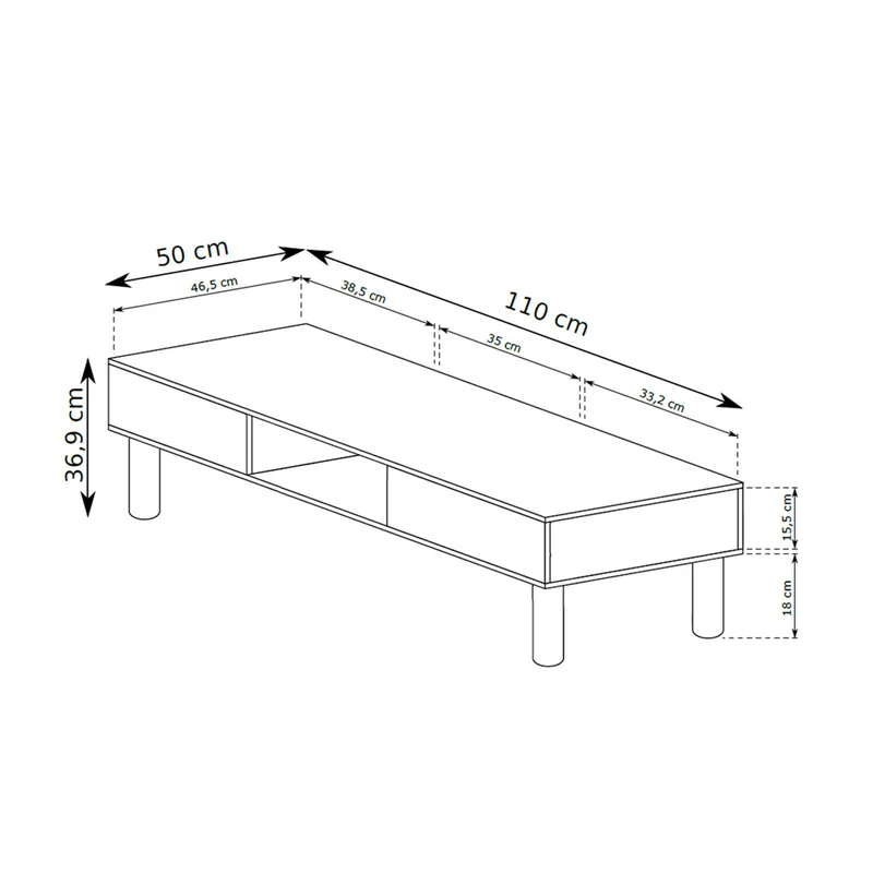 Couchtisch 110x37 mit offenen Fächern im skandinavischen Stil | FJORD