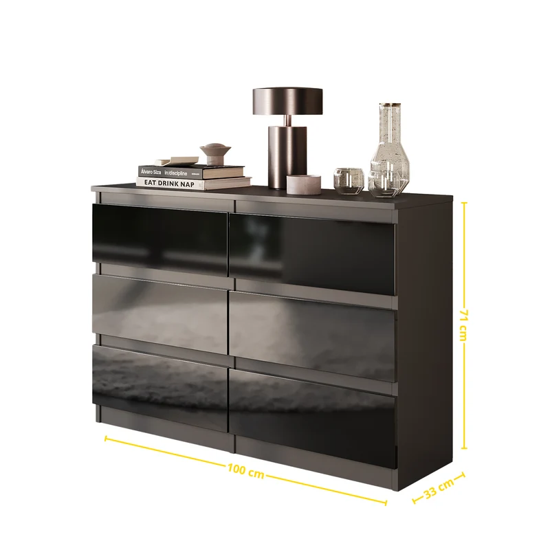 GABRIEL - Kommode / Sideboard mit 6 Schubladen - Anthrazit / Schwarz Gloss H71cm B100cm TD33cm