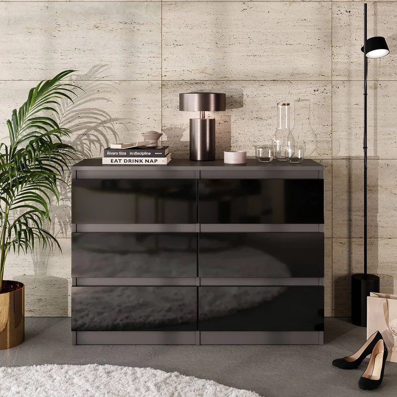 GABRIEL - Kommode / Sideboard mit 6 Schubladen - Anthrazit / Schwarz Gloss H71cm B100cm TD33cm