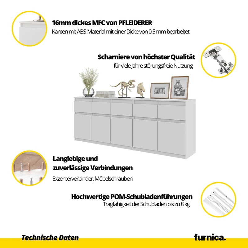 NOAH - Kommode mit 5 Schubladen und 5 Türen - Schlafzimmer Kommode Aufbewahrung Schrank Sideboard - Weiß Matt / Schwarz Glanz H75cm B200cm T35cm