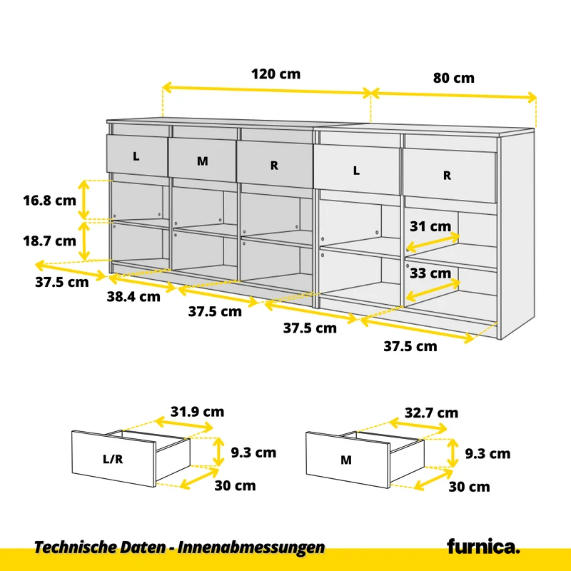 NOAH - Kommode mit 5 Schubladen und 5 Türen - Schlafzimmer Kommode Aufbewahrung Schrank Sideboard - Weiß Matt / Anthrazit H75cm B200cm T35cm