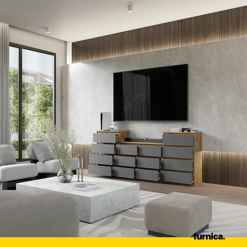 GABRIEL - Kommode / Sideboard mit 14 Schubladen (4+6+4) - Wotan Eiche / Anthrazit H92/70cm B220cm T33cm