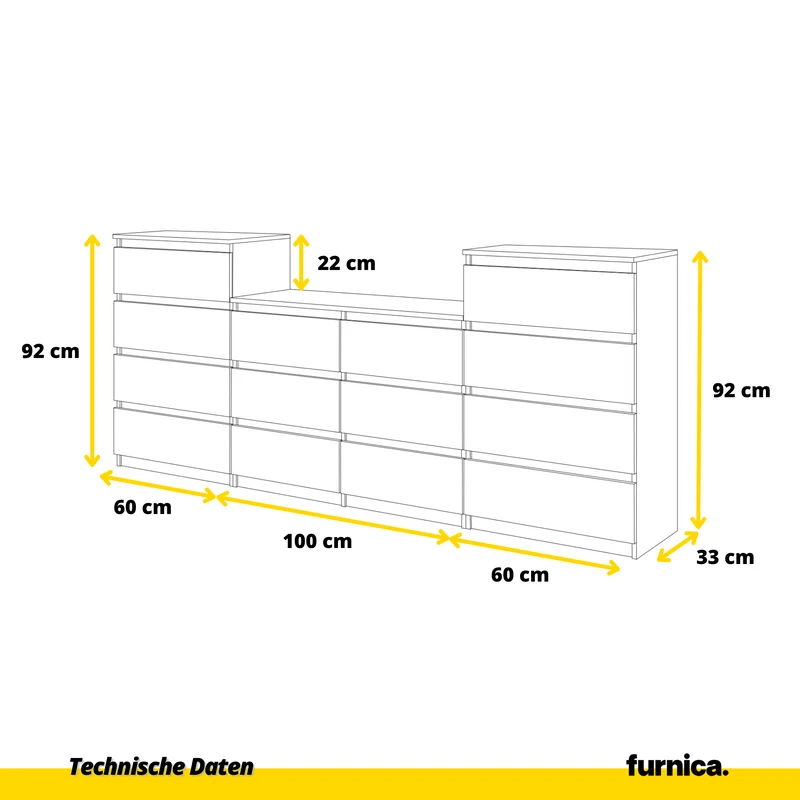 GABRIEL - Kommode / Sideboard mit 14 Schubladen (4+6+4) - Wotan Eiche / Anthrazit H92/70cm B220cm T33cm