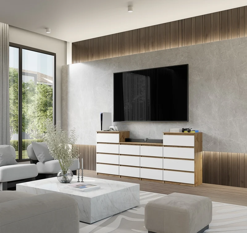 GABRIEL - Kommode / Sideboard mit 14 Schubladen (4+6+4) - Wotan Eiche / Weiß Matt H92/70cm B220cm T33cm