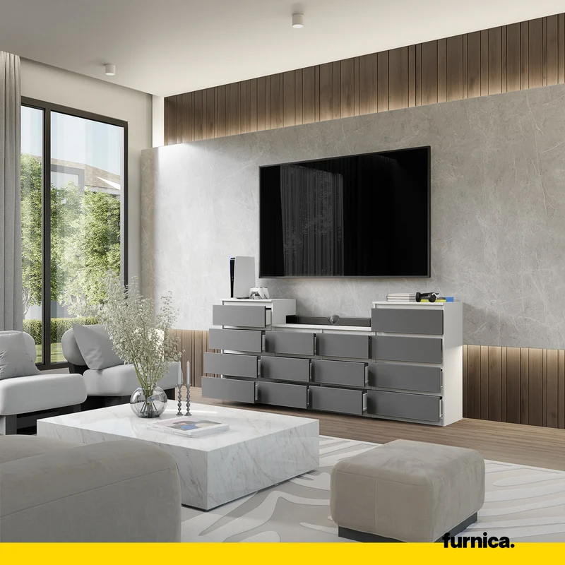 GABRIEL - Kommode / Sideboard mit 14 Schubladen (4+6+4) - Weiß Matt / Anthrazit H92/70cm B220cm T33cm