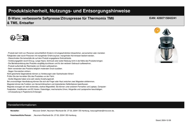 B-Ware: verbesserte Saftpresse/Zitruspresse für Thermomix TM6 & TM5, Entsafter