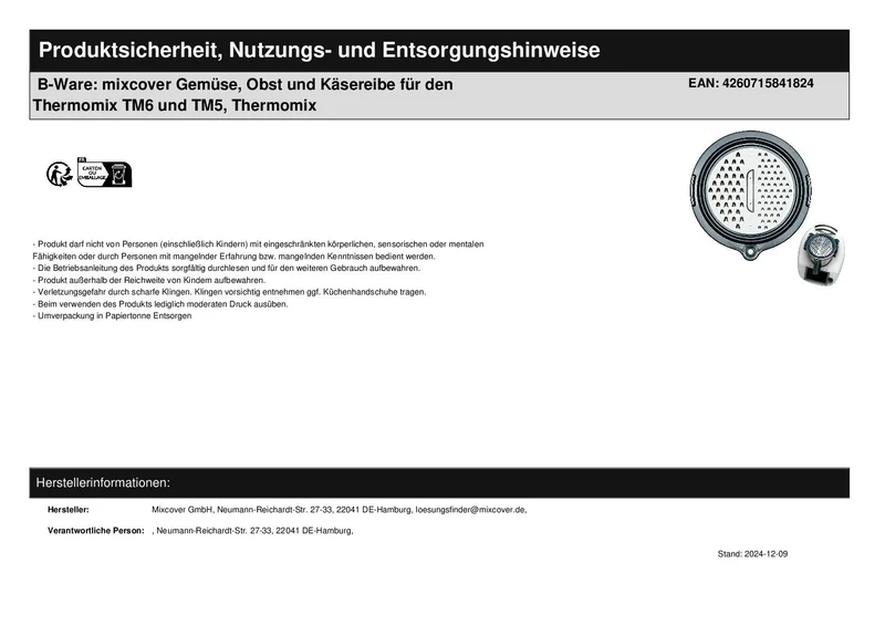 B-Ware: mixcover Gemüse, Obst und Käsereibe für den Thermomix TM6 und TM5, Thermomix