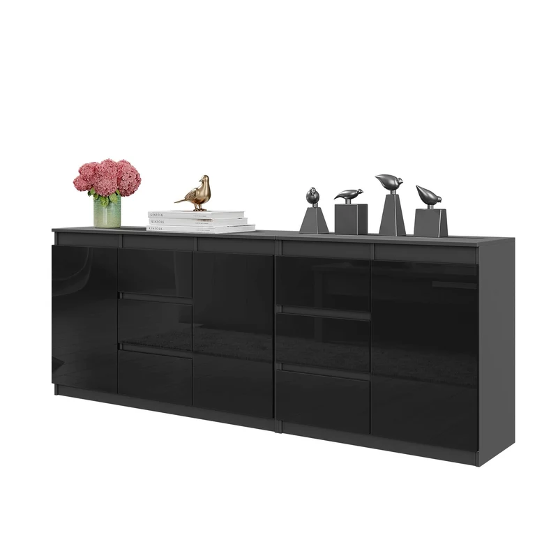 MIKEL - Kommode mit 6 Schubladen und 3 Türen - Schlafzimmer Kommode Aufbewahrungsschrank Sideboard - Anthrazit / Schwarz Glanz H75cm B200cm T35cm