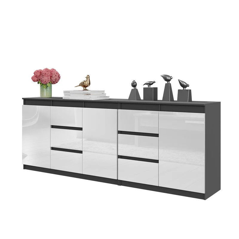 MIKEL - Kommode mit 6 Schubladen und 3 Türen - Schlafzimmer Kommode Aufbewahrungsschrank Sideboard - Anthrazit / Weiß Glanz H75cm B200cm T35cm