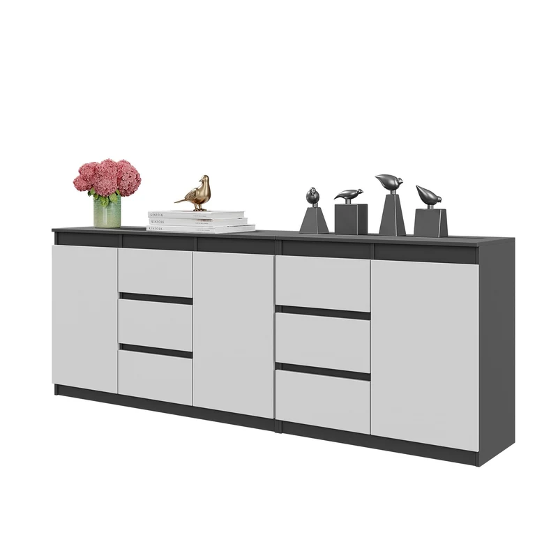 MIKEL - Kommode mit 6 Schubladen und 3 Türen - Schlafzimmer Kommode Aufbewahrungsschrank Sideboard - Anthrazit / Weiß Matt H75cm B200cm T35cm