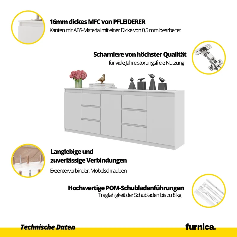 MIKEL - Kommode mit 6 Schubladen und 3 Türen - Schlafzimmer Kommode Aufbewahrungsschrank Sideboard - Anthrazit / Wotan Eiche H75cm B200cm T35cm