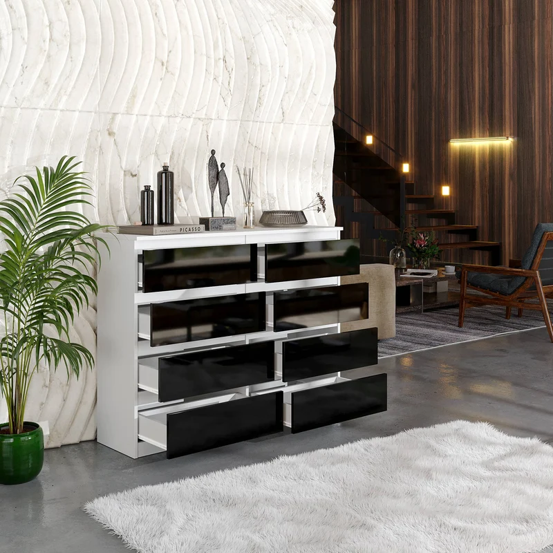 GABRIEL - Kommode / Sideboard mit 8 Schubladen - Weiß Matt / Schwarz Gloss H92cm W120cm D33cm