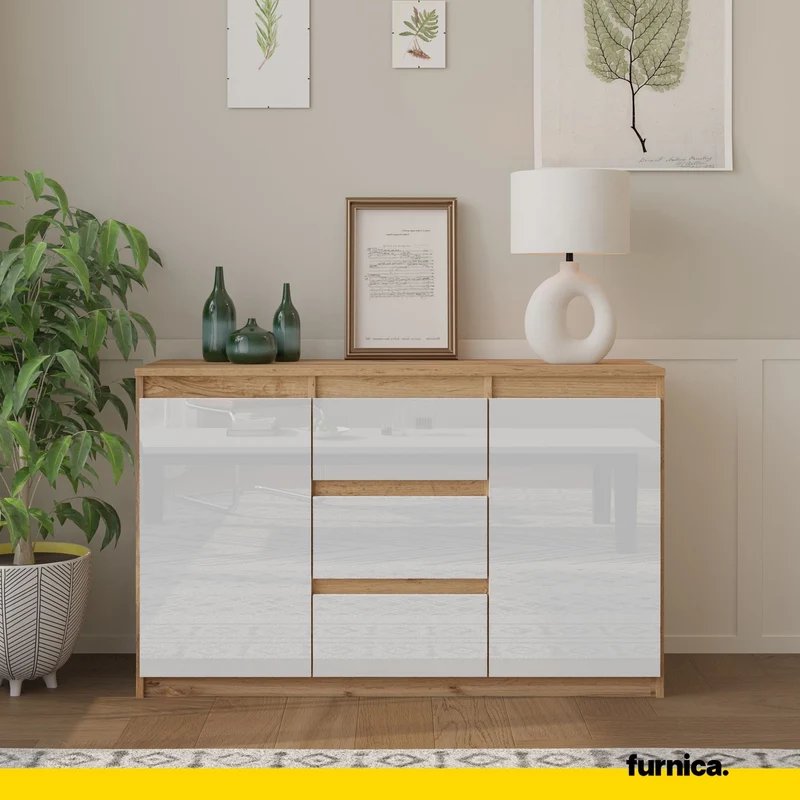 MIKEL - Kommode / Sideboard mit 3 Schubladen und 2 Türen - Wotan Eiche / Weiß Gloss H75cm B120cm T35cm