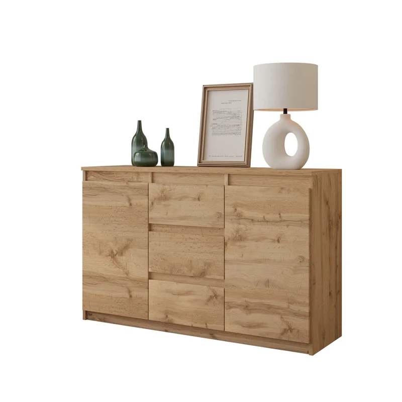MIKEL - Kommode / Sideboard mit 3 Schubladen und 2 Türen - Wotan Eiche H75cm B120cm T35cm