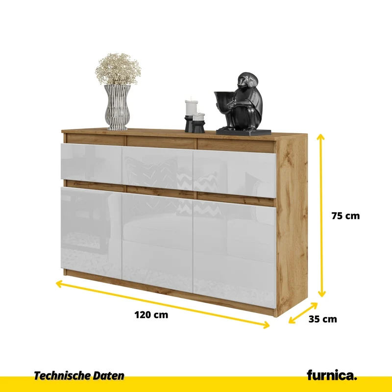 NOAH - Kommode / Sideboard mit 3 Schubladen und 3 Türen - Wotan Eiche / Weiß Gloss H75cm B120cm T35cm