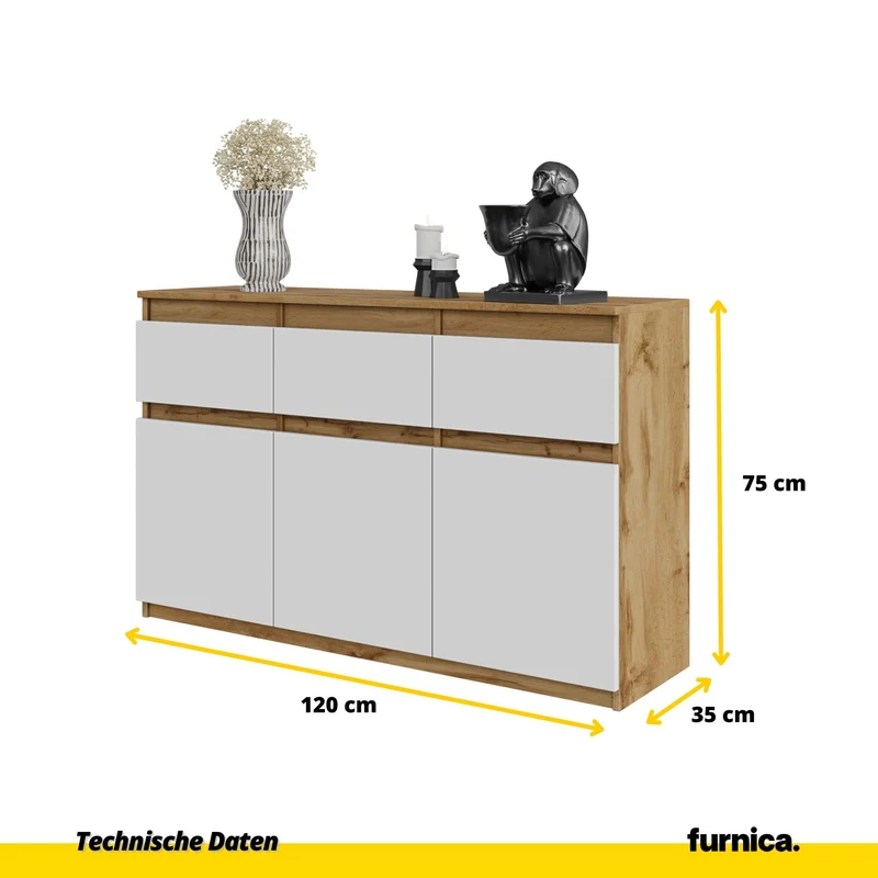 NOAH - Kommode / Sideboard mit 3 Schubladen und 3 Türen - Wotan Eiche / Weiß Matt H75cm B120cm T35cm
