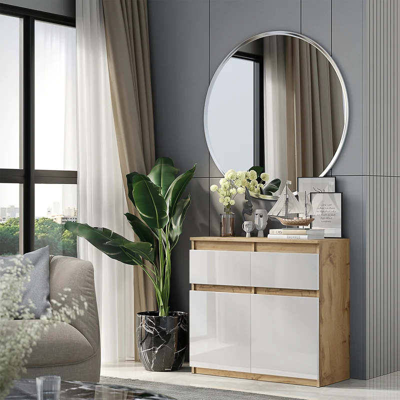 NOAH - Kommode / Sideboard mit 2 Schubladen und 2 Türen - Wotan Eiche / Weiß Gloss H75cm B80cm T35cm