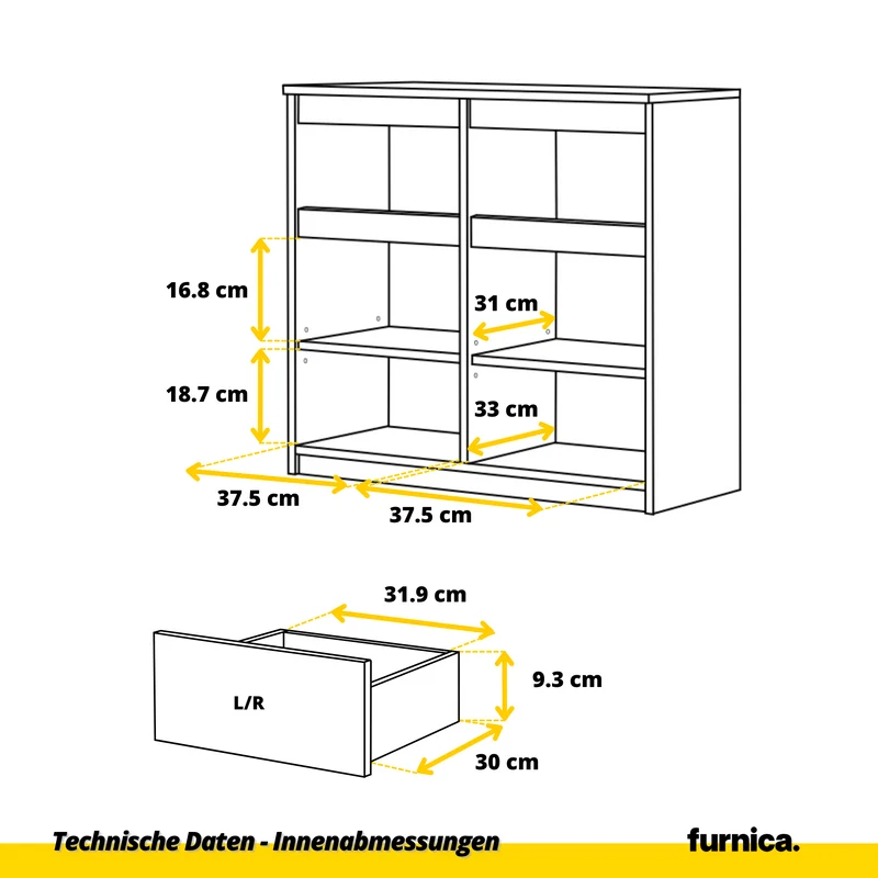 NOAH - Kommode / Sideboard mit 2 Schubladen und 2 Türen - Wotan Eiche / Weiß Gloss H75cm B80cm T35cm