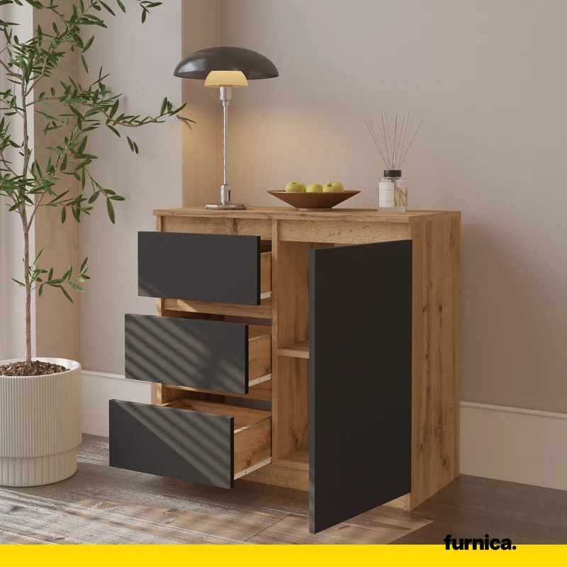 MIKEL - Kommode / Sideboard mit 3 Schubladen und 1 Tür - Wotan Eiche / Anthrazit Grau H75cm B80cm T35cm