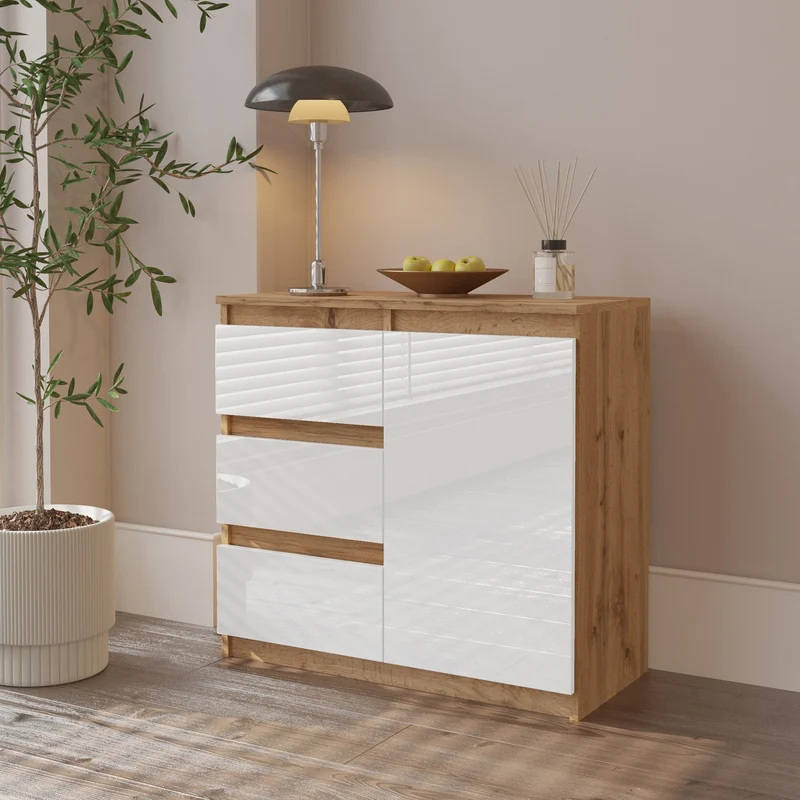 MIKEL - Kommode / Sideboard mit 3 Schubladen und 1 Tür - Wotan Eiche / Weiß Gloss H75cm B80cm T35cm