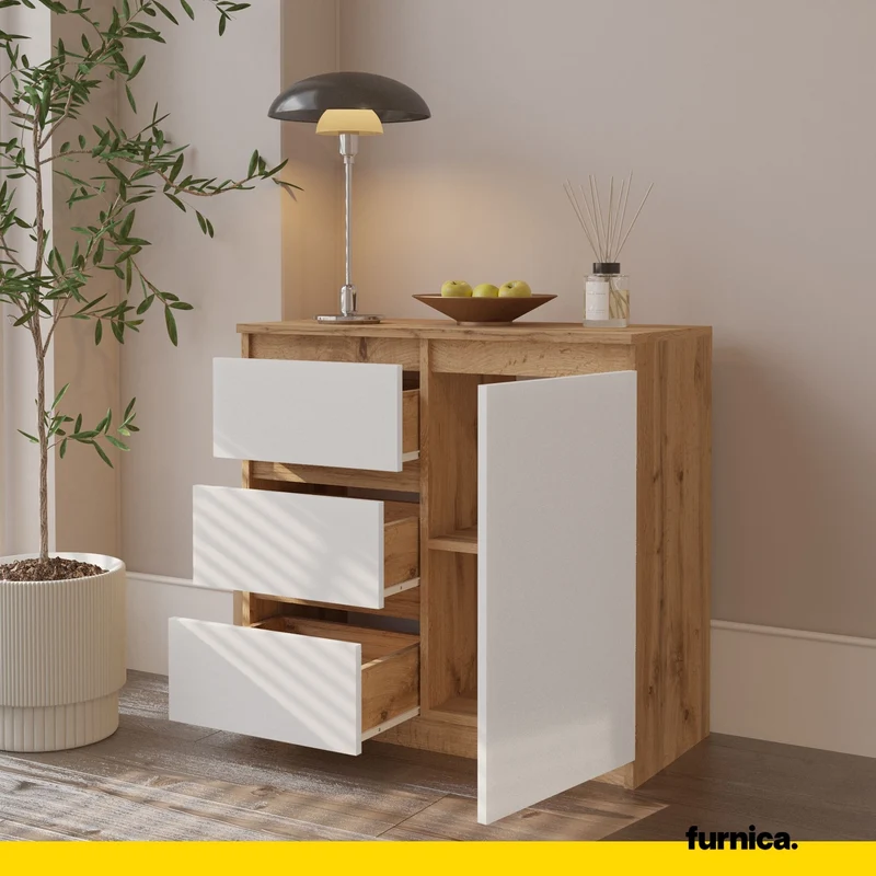 MIKEL - Kommode / Sideboard mit 3 Schubladen und 1 Tür - Wotan Eiche / Weiß Matt H75cm B80cm T35cm