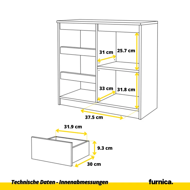 MIKEL - Kommode / Sideboard mit 3 Schubladen und 1 Tür - Wotan Eiche / Weiß Matt H75cm B80cm T35cm