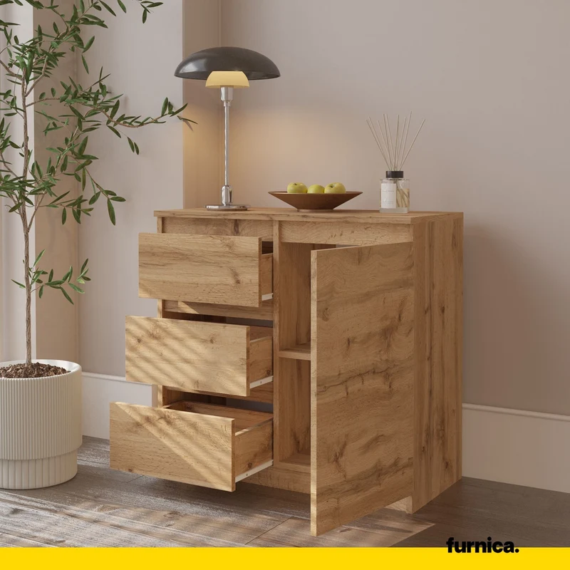 MIKEL - Kommode / Sideboard mit 3 Schubladen und 1 Tür - Wotan Eiche H75cm B80cm T35cm