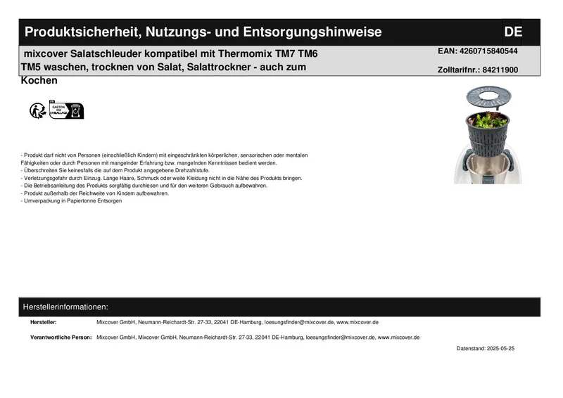 mixcover Salatschleuder kompatibel mit Thermomix TM7 TM6 TM5 waschen, trocknen von Salat, Salattrockner - auch zum Kochen