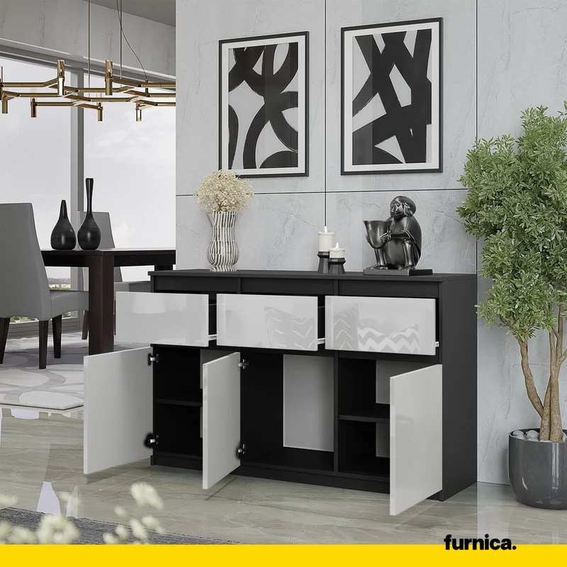 NOAH - Kommode / Sideboard mit 3 Schubladen und 3 Türen - Anthrazit Grau / Weiß Gloss H75cm B120cm T35cm