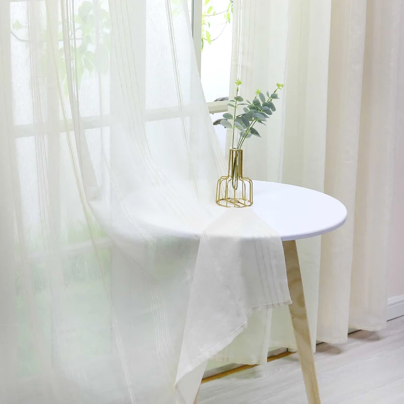 Gardine 2er Set Voile Gardinen mit Streifen Transparent 2 Stück