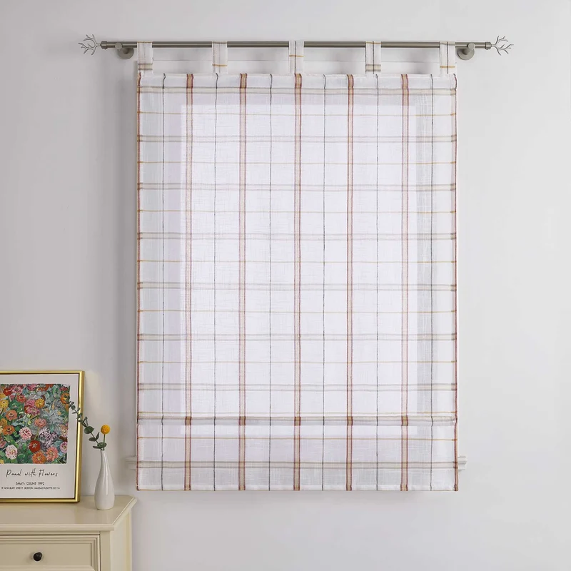 Rollo aus Leinen Raffgardine Landhaus Karierte Halbtransparent