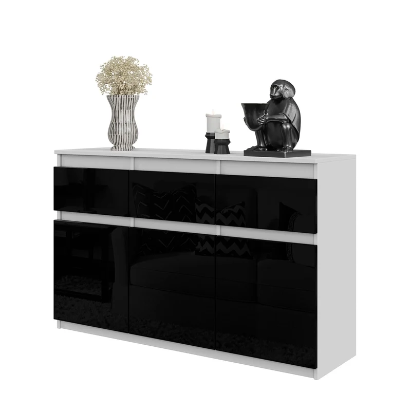 NOAH - Kommode / Sideboard mit 3 Schubladen und 3 Türen - Weiß Matt / Schwarz Gloss H75cm B120cm T35cm