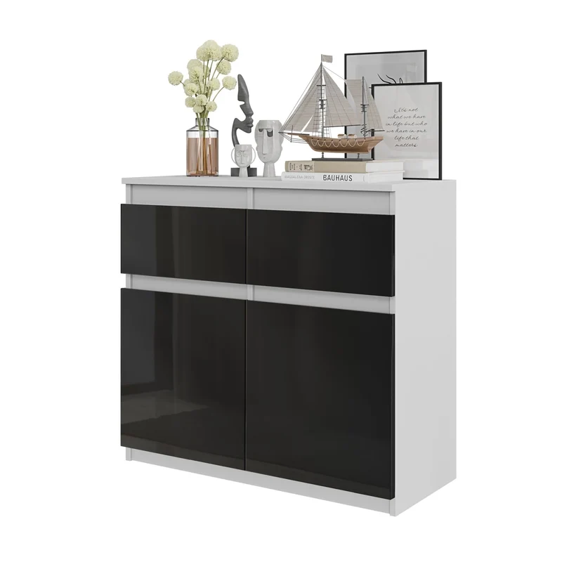 NOAH - Kommode / Sideboard mit 2 Schubladen und 2 Türen - Weiß Matt / Schwarz Gloss H75cm B80cm T35cm