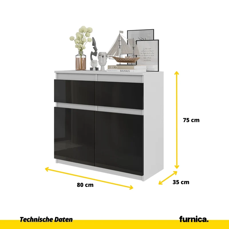 NOAH - Kommode / Sideboard mit 2 Schubladen und 2 Türen - Weiß Matt / Schwarz Gloss H75cm B80cm T35cm