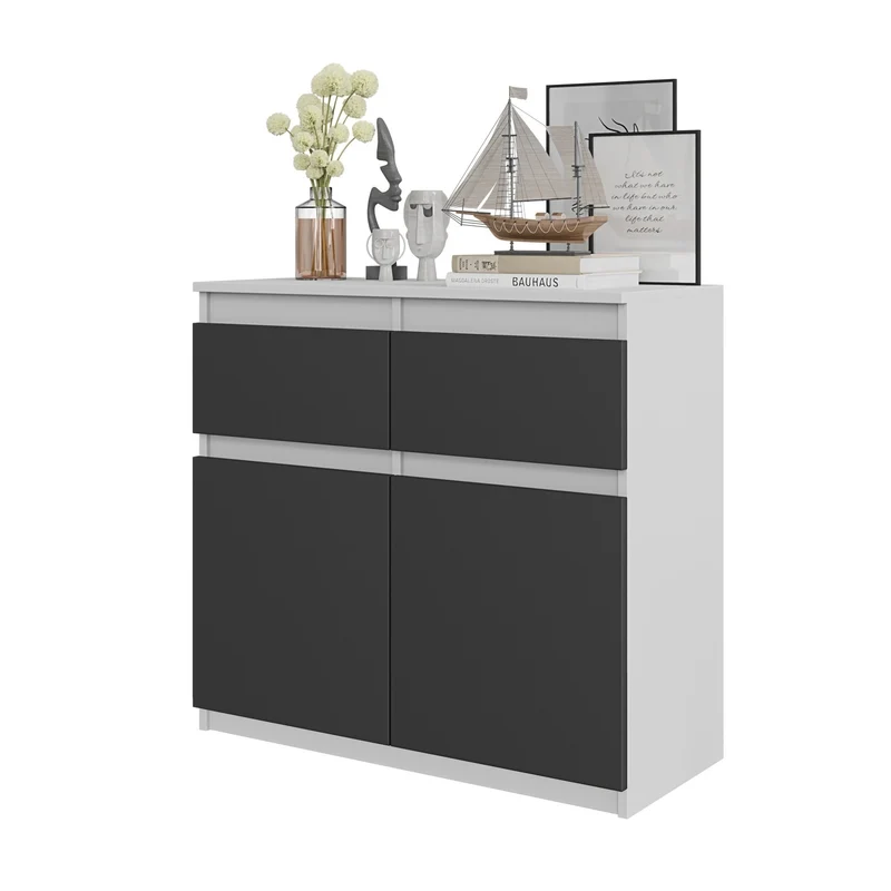 NOAH - Kommode / Sideboard mit 2 Schubladen und 2 Türen - Weiß Matt / Anthrazit Grau H75cm B80cm T35cm