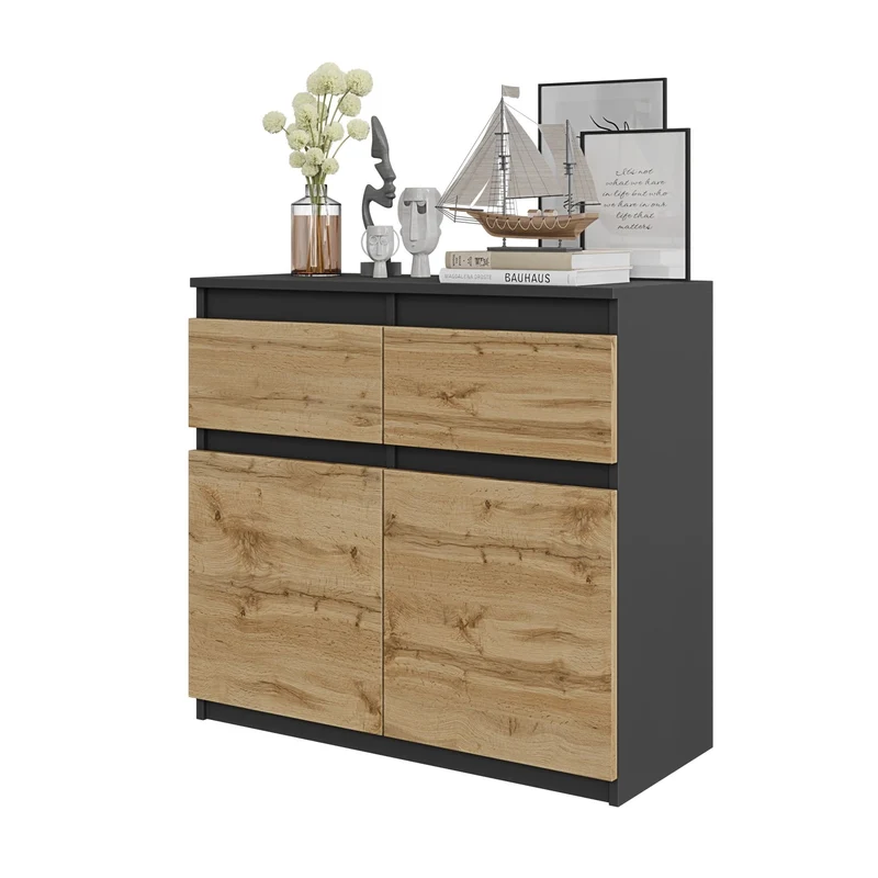 NOAH - Kommode / Sideboard mit 2 Schubladen und 2 Türen - Anthrazit Grau / Wotan Eiche H75cm B80cm T35cm