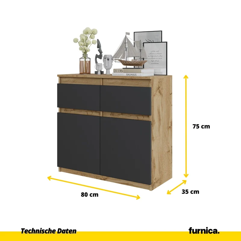 NOAH - Kommode / Sideboard mit 2 Schubladen und 2 Türen - Wotan Eiche / Anthrazit Grau H75cm B80cm T35cm