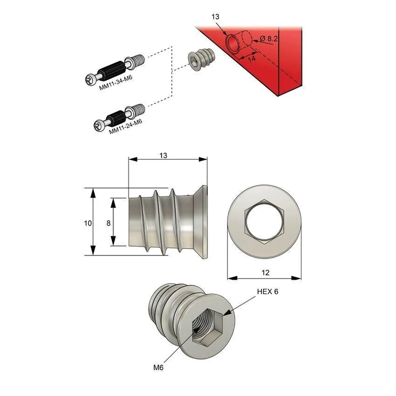 Gewindeeinsatz M6 - 10x13mm - 100 Stk