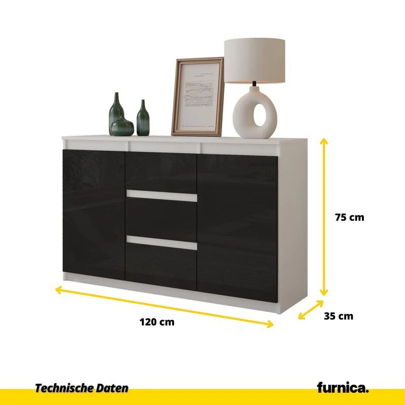 MIKEL - Kommode / Sideboard mit 3 Schubladen und 2 Türen - Weiß Matt / Schwarz Gloss H75cm B120cm T35cm