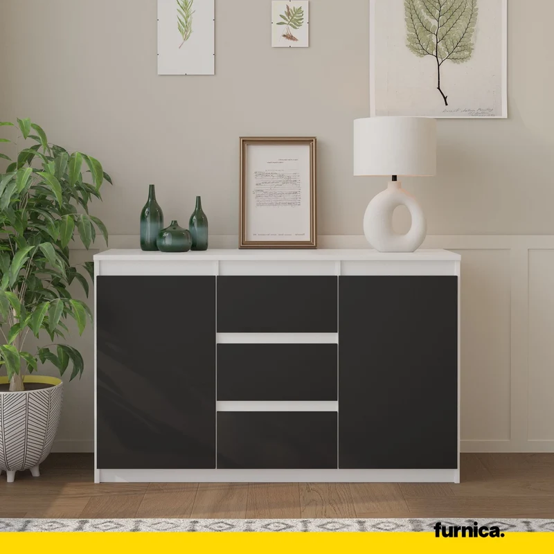MIKEL - Kommode / Sideboard mit 3 Schubladen und 2 Türen - Weiß Matt / Anthrazit Grau H75cm B120cm T35cm