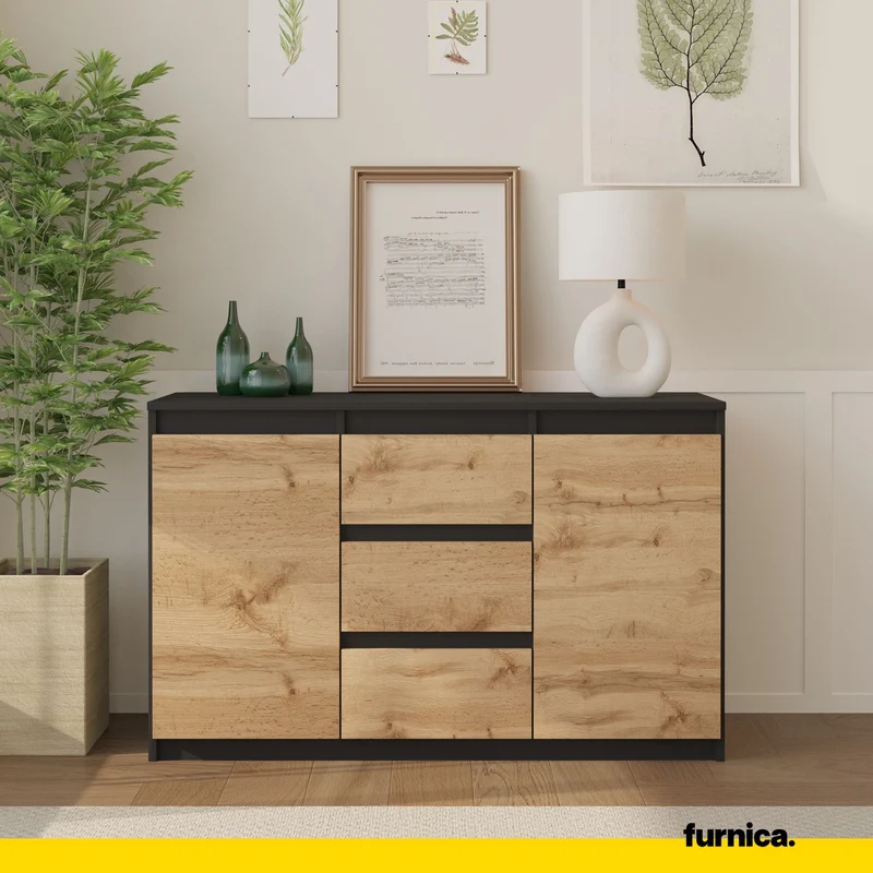 MIKEL - Kommode / Sideboard mit 3 Schubladen und 2 Türen - Anthrazit Grau / Wotan Eiche H75cm B120cm T35cm