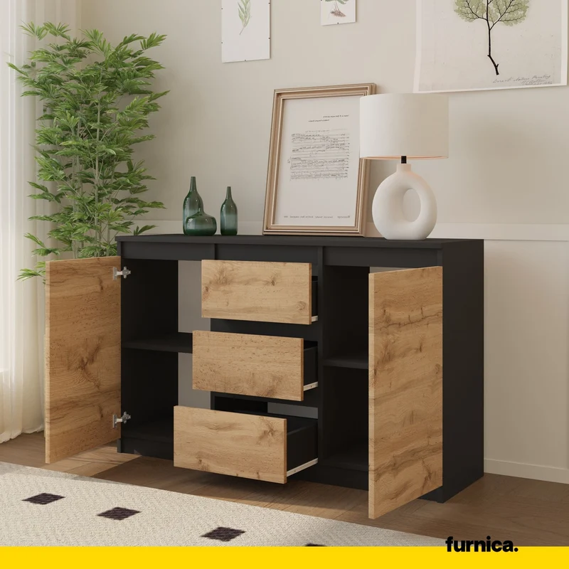 MIKEL - Kommode / Sideboard mit 3 Schubladen und 2 Türen - Anthrazit Grau / Wotan Eiche H75cm B120cm T35cm