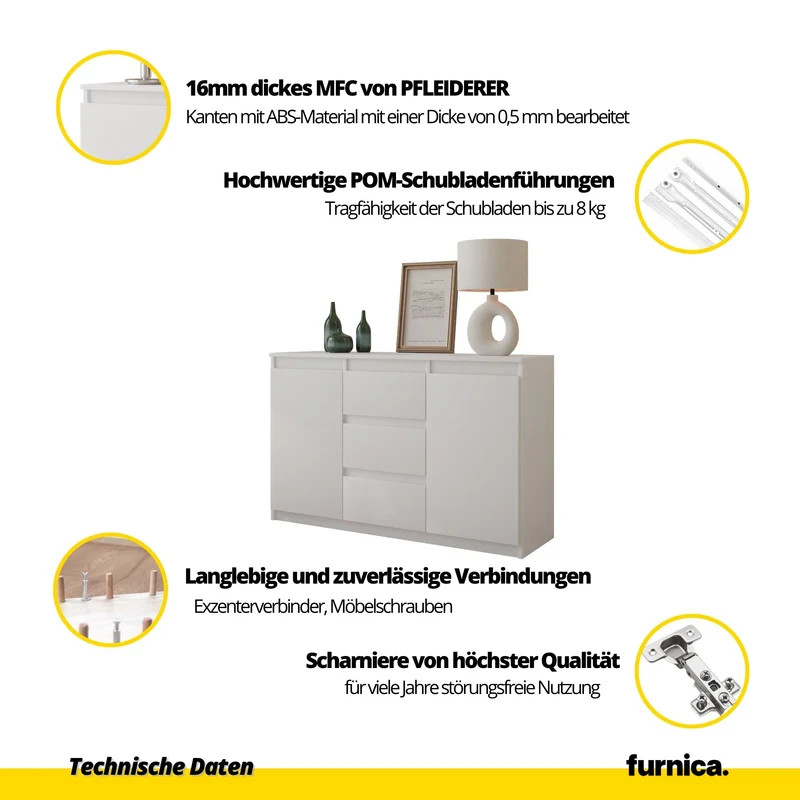 MIKEL - Kommode / Sideboard mit 3 Schubladen und 2 Türen - Anthrazit Grau / Wotan Eiche H75cm B120cm T35cm