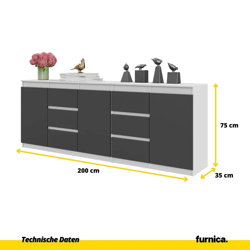MIKEL - Kommode mit 6 Schubladen und 3 Türen - Schlafzimmer Kommode Aufbewahrung Schrank Sideboard - Weiß Matt / Anthrazit H75cm B200cm T35cm