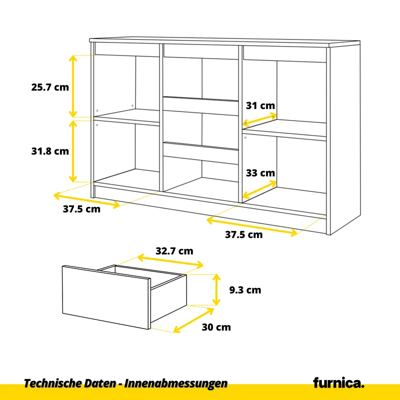 MIKEL - Kommode / Sideboard mit 3 Schubladen und 2 Türen - Anthrazit Grau / Weiß Matt H75cm B120cm T35cm