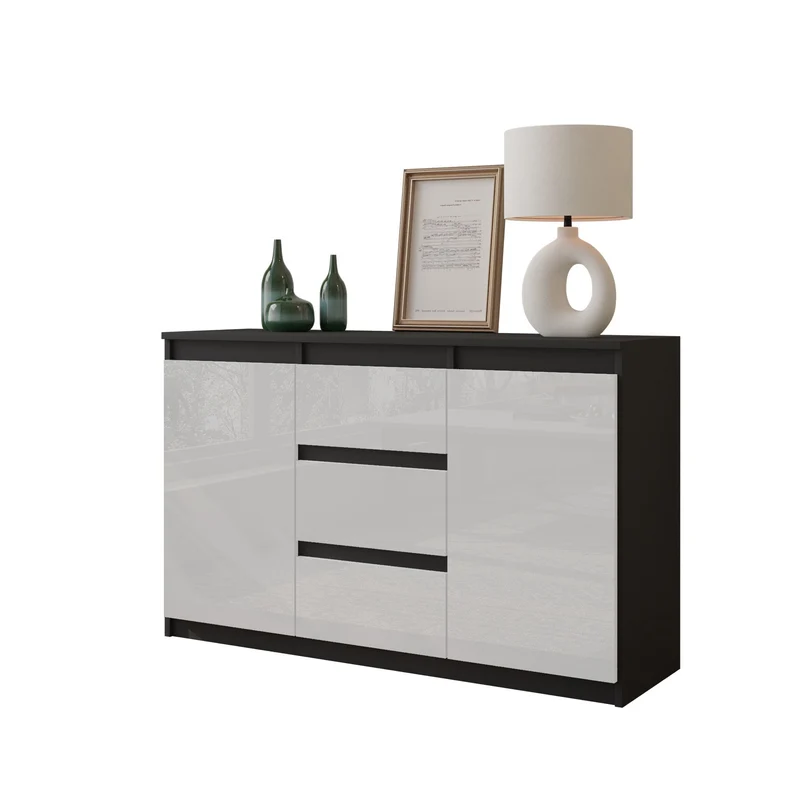 MIKEL - Kommode / Sideboard mit 3 Schubladen und 2 Türen - Anthrazit Grau / Weiß Gloss H75cm B120cm T35cm