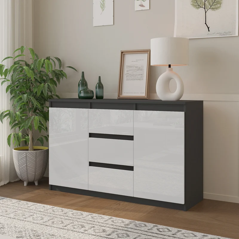 MIKEL - Kommode / Sideboard mit 3 Schubladen und 2 Türen - Anthrazit Grau / Weiß Gloss H75cm B120cm T35cm