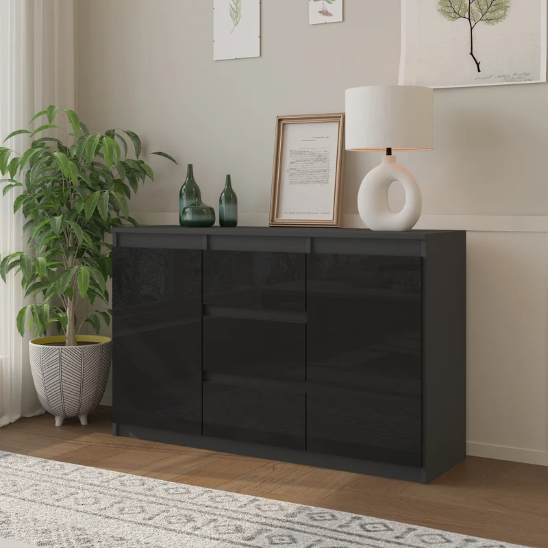 MIKEL - Kommode / Sideboard mit 3 Schubladen und 2 Türen - Anthrazit Grau / Schwarz Gloss H75cm B120cm T35cm
